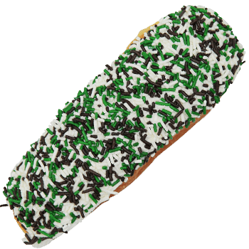 cream filled white iced with sprinkles long donut