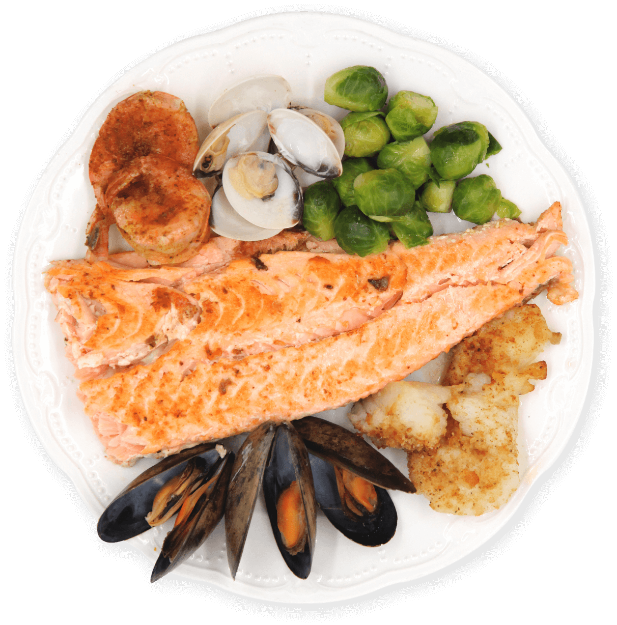 Tuesday special at the Shady Maple smorgasbord featuring high quality seafood, including muscles, salmon, shrimp, clams, and brussel sprouts