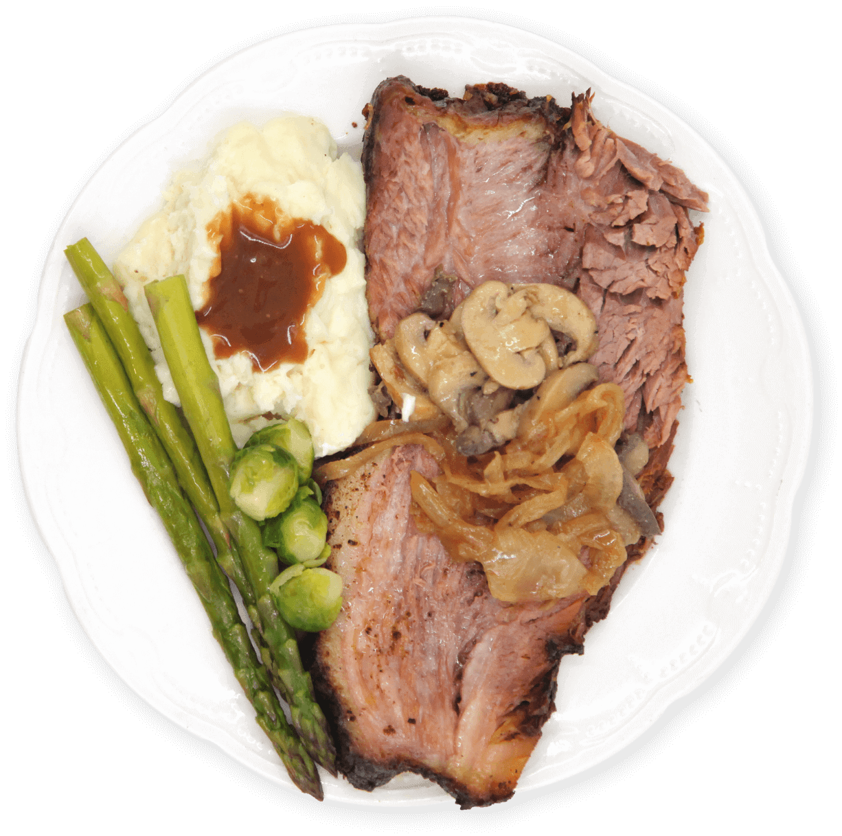 Wednesday Special with prime rib, asparagus, mushrooms, onions, brussel sprouts and mashed potatos.